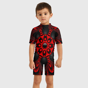 Детский купальный костюм 3D с принтом Красный цветок в Санкт-Петербурге, Полиэстер 85%, Спандекс 15% | застежка на молнии на спине | драгоценные камни | драгоценный камень | красный | неон | тёмный | цветок | черный