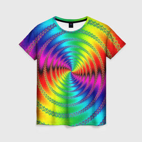 Женская футболка 3D с принтом Цветной гипноз в Санкт-Петербурге, 100% полиэфир ( синтетическое хлопкоподобное полотно) | прямой крой, круглый вырез горловины, длина до линии бедер | насыщенные цвета | радуга | спираль | цвет | цвета | яркие цвета | ярко