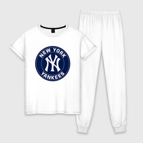 Женская пижама хлопок с принтом New York Yankees в Санкт-Петербурге, 100% хлопок | брюки и футболка прямого кроя, без карманов, на брюках мягкая резинка на поясе и по низу штанин | 