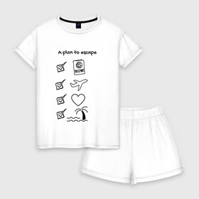 Женская пижама с шортиками хлопок с принтом A plan to escape в Санкт-Петербурге, 100% хлопок | футболка прямого кроя, шорты свободные с широкой мягкой резинкой | море | отдых | отпуск | план | путешествие