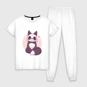 Женская пижама хлопок с принтом Лисья панда в Санкт-Петербурге, 100% хлопок | брюки и футболка прямого кроя, без карманов, на брюках мягкая резинка на поясе и по низу штанин | арт | белый | лиса | любовь | мило | милота | мимишка | панда | рисунок | сердце | чёрно белый | чёрный