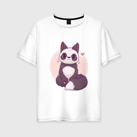 Женская футболка хлопок Oversize с принтом Лисья панда в Санкт-Петербурге, 100% хлопок | свободный крой, круглый ворот, спущенный рукав, длина до линии бедер
 | арт | белый | лиса | любовь | мило | милота | мимишка | панда | рисунок | сердце | чёрно белый | чёрный