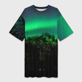 Платье-футболка 3D с принтом Северное сияние в Санкт-Петербурге,  |  | звездное небо | лес | пейзаж. | северное сияние