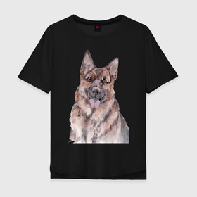 Мужская футболка хлопок Oversize с принтом Овчарка в Санкт-Петербурге, 100% хлопок | свободный крой, круглый ворот, “спинка” длиннее передней части | акварель | животные | звери | краски | овчарка | песокафе | питомцы | рисунок | собаки