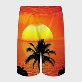Детские спортивные шорты 3D с принтом Пальмы на фоне моря в Санкт-Петербурге,  100% полиэстер
 | пояс оформлен широкой мягкой резинкой, ткань тянется
 | summer | восход | гаваи | гавайская | закат | лето | море | океан | отдых | отпуск | пальма | пальмы | солнце | туризм | туристическая