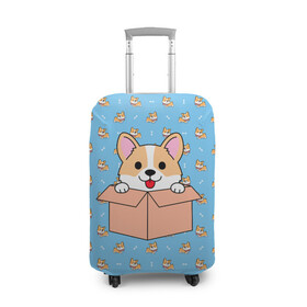 Чехол для чемодана 3D с принтом КОРГИ в Санкт-Петербурге, 86% полиэфир, 14% спандекс | двустороннее нанесение принта, прорези для ручек и колес | dog | dogs | весёлые собачки | еда | корги | корги с пиццей | косточка | кость | милые собачки | пицца | прикольные собачки | собаки | собачки