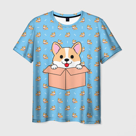 Мужская футболка 3D с принтом КОРГИ в Санкт-Петербурге, 100% полиэфир | прямой крой, круглый вырез горловины, длина до линии бедер | dog | dogs | весёлые собачки | еда | корги | корги с пиццей | косточка | кость | милые собачки | пицца | прикольные собачки | собаки | собачки