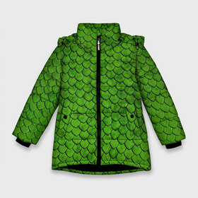 Зимняя куртка для девочек 3D с принтом зелёная чешуя в Санкт-Петербурге, ткань верха — 100% полиэстер; подклад — 100% полиэстер, утеплитель — 100% полиэстер. | длина ниже бедра, удлиненная спинка, воротник стойка и отстегивающийся капюшон. Есть боковые карманы с листочкой на кнопках, утяжки по низу изделия и внутренний карман на молнии. 

Предусмотрены светоотражающий принт на спинке, радужный светоотражающий элемент на пуллере молнии и на резинке для утяжки. | чешуя | чешуя ящерицы