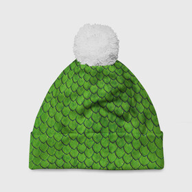 Шапка 3D c помпоном с принтом зелёная чешуя  в Санкт-Петербурге, 100% полиэстер | универсальный размер, печать по всей поверхности изделия | чешуя | чешуя ящерицы