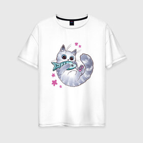 Женская футболка хлопок Oversize с принтом Котик с рыбкой в Санкт-Петербурге, 100% хлопок | свободный крой, круглый ворот, спущенный рукав, длина до линии бедер
 | игрушка | кот | котёнок | котик | рыба | рыбка | цветочки | цветы