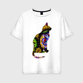 Женская футболка хлопок Oversize с принтом кошка 1 в Санкт-Петербурге, 100% хлопок | свободный крой, круглый ворот, спущенный рукав, длина до линии бедер
 | желтый | зеленый | кошка | красный | необычная | разноцветная
