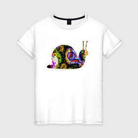 Женская футболка хлопок с принтом улитка в Санкт-Петербурге, 100% хлопок | прямой крой, круглый вырез горловины, длина до линии бедер, слегка спущенное плечо | желтый | красный | разноцветная | синий | сиреневый | улитка