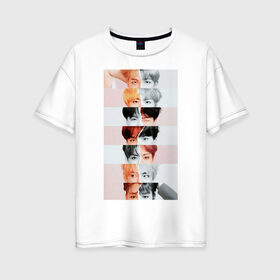 Женская футболка хлопок Oversize с принтом BTS в Санкт-Петербурге, 100% хлопок | свободный крой, круглый ворот, спущенный рукав, длина до линии бедер
 | bts | k pop. кейпоп | битс | бтс | кей поп | намджун | сокджин | тэхен | хосок | чимин | чонгук | юнги | япония