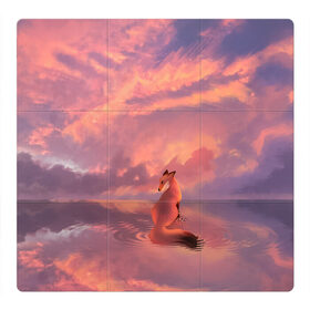 Магнитный плакат 3Х3 с принтом Лиса и небеса 2 в Санкт-Петербурге, Полимерный материал с магнитным слоем | 9 деталей размером 9*9 см | Тематика изображения на принте: clouds | dawn | fox | lake | reflection | sky | water | закат | лиса | небо | облака | отражение