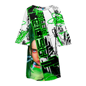 Детское платье 3D с принтом Billie Eilish в Санкт-Петербурге, 100% полиэстер | прямой силуэт, чуть расширенный к низу. Круглая горловина, на рукавах — воланы | Тематика изображения на принте: автор | автор песен | инди поп | певица | поп | электропоп | эмо поп