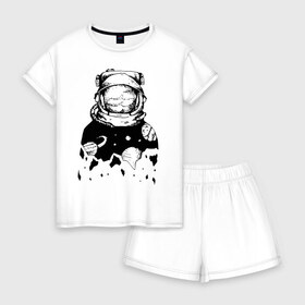 Женская пижама с шортиками хлопок с принтом Космонавт в Санкт-Петербурге, 100% хлопок | футболка прямого кроя, шорты свободные с широкой мягкой резинкой | cosmonaut | cosmos | moon | planet | saturn | space | spacesuit | космонавт | космос | луна | планета | сатурн | скафандр