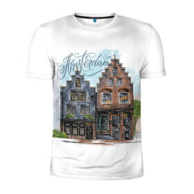 Мужская футболка 3D спортивная с принтом Амстердам в Санкт-Петербурге, 100% полиэстер с улучшенными характеристиками | приталенный силуэт, круглая горловина, широкие плечи, сужается к линии бедра | амстердам | голландия | город | домики | европа | леттеринг | надпись | нидерланды | окна | путешествие | скетч