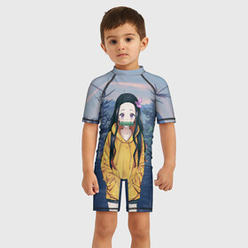 Детский купальный костюм 3D с принтом Незуко в Санкт-Петербурге, Полиэстер 85%, Спандекс 15% | застежка на молнии на спине | nezuko | аниме | демоны | клинок | лес | незуко камадо