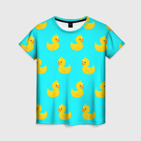 Женская футболка 3D с принтом Уточки в Санкт-Петербурге, 100% полиэфир ( синтетическое хлопкоподобное полотно) | прямой крой, круглый вырез горловины, длина до линии бедер | 3d | ducks | голубая | желтая | зд | утки | уточки
