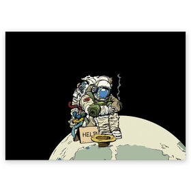 Поздравительная открытка с принтом Help! в Санкт-Петербурге, 100% бумага | плотность бумаги 280 г/м2, матовая, на обратной стороне линовка и место для марки
 | Тематика изображения на принте: coin | cosmonaut | cosmos | hat | moon | planet | space | spacesuit | космонавт | космос | луна | монета | планета | шляпа