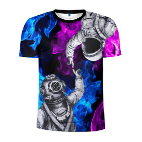 Мужская футболка 3D спортивная с принтом Космонавт и водолаз в Санкт-Петербурге, 100% полиэстер с улучшенными характеристиками | приталенный силуэт, круглая горловина, широкие плечи, сужается к линии бедра | astronaut | blue | cosmos | diver | elon musk | fire | flame | nasa | planet | purple | space | spacex | star | universe | water | абстракция | астронавт | вода | вселенная | галактика | дайвер | звезда | илон маск | космонавт | космос | наса | огонь | пл
