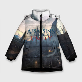 Зимняя куртка для девочек 3D с принтом Assassin’s Creed Unity в Санкт-Петербурге, ткань верха — 100% полиэстер; подклад — 100% полиэстер, утеплитель — 100% полиэстер. | длина ниже бедра, удлиненная спинка, воротник стойка и отстегивающийся капюшон. Есть боковые карманы с листочкой на кнопках, утяжки по низу изделия и внутренний карман на молнии. 

Предусмотрены светоотражающий принт на спинке, радужный светоотражающий элемент на пуллере молнии и на резинке для утяжки. | black flag | brotherhood | chronicles | creed | game | origins | revelations | rogue | syndicate | unity | valhalla | альтаир | ассасин | игры | кинжал | пираты