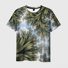 Мужская футболка 3D с принтом Зеленые листья в Санкт-Петербурге, 100% полиэфир | прямой крой, круглый вырез горловины, длина до линии бедер | абстракция | голубое | зеленые листья | листья | небо