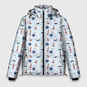 Мужская зимняя куртка 3D с принтом Кораблики да маяки в Санкт-Петербурге, верх — 100% полиэстер; подкладка — 100% полиэстер; утеплитель — 100% полиэстер | длина ниже бедра, свободный силуэт Оверсайз. Есть воротник-стойка, отстегивающийся капюшон и ветрозащитная планка. 

Боковые карманы с листочкой на кнопках и внутренний карман на молнии. | Тематика изображения на принте: корабли | корабль | маяк | маяки | море | океан | потерялся | штурвал