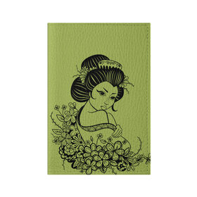 Обложка для паспорта матовая кожа с принтом Geisha 23 в Санкт-Петербурге, натуральная матовая кожа | размер 19,3 х 13,7 см; прозрачные пластиковые крепления | Тематика изображения на принте: девушка | сакура | цветы | япония