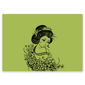 Поздравительная открытка с принтом Geisha 23 в Санкт-Петербурге, 100% бумага | плотность бумаги 280 г/м2, матовая, на обратной стороне линовка и место для марки
 | Тематика изображения на принте: девушка | сакура | цветы | япония