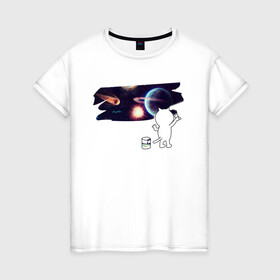 Женская футболка хлопок с принтом Котик рисует космос в Санкт-Петербурге, 100% хлопок | прямой крой, круглый вырез горловины, длина до линии бедер, слегка спущенное плечо | cat | cosmos | space | stars | universe | звезды | кисть | космос | кот | котейка | котик | котэ | кошка | краска | метеорит | планеты