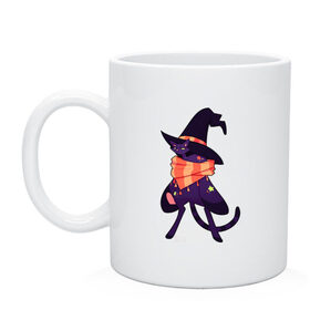 Кружка с принтом Хэллоунский кот маг в Санкт-Петербурге, керамика | объем — 330 мл, диаметр — 80 мм. Принт наносится на бока кружки, можно сделать два разных изображения | волшебство | звезды | кот | маг | магия | осень | хэллоуин | хэловин | шарф | шляпа