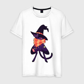 Мужская футболка хлопок с принтом Хэллоунский кот маг в Санкт-Петербурге, 100% хлопок | прямой крой, круглый вырез горловины, длина до линии бедер, слегка спущенное плечо. | Тематика изображения на принте: волшебство | звезды | кот | маг | магия | осень | хэллоуин | хэловин | шарф | шляпа