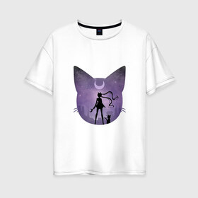Женская футболка хлопок Oversize с принтом Лунный воен в Санкт-Петербурге, 100% хлопок | свободный крой, круглый ворот, спущенный рукав, длина до линии бедер
 | арт | девушка | кот | кошка | луна | нео королева серенити | ночь | перевёрнутая луна | рисунок | сейлор мун | силуэт | усаги цукино | фиолетовый