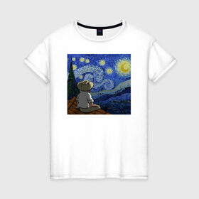 Женская футболка хлопок с принтом Винсент Вангог в Санкт-Петербурге, 100% хлопок | прямой крой, круглый вырез горловины, длина до линии бедер, слегка спущенное плечо | арт | винсент вангог | дождь | ночь | романтика | художник