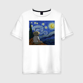 Женская футболка хлопок Oversize с принтом Винсент Вангог в Санкт-Петербурге, 100% хлопок | свободный крой, круглый ворот, спущенный рукав, длина до линии бедер
 | арт | винсент вангог | дождь | ночь | романтика | художник