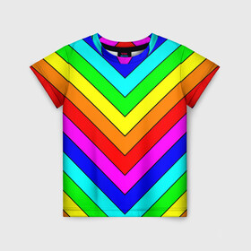 Детская футболка 3D с принтом Rainbow Stripes в Санкт-Петербурге, 100% гипоаллергенный полиэфир | прямой крой, круглый вырез горловины, длина до линии бедер, чуть спущенное плечо, ткань немного тянется | Тематика изображения на принте: geometry | gradient | neon | геометрические | градиент | детям | кислота | кислотный | конус | красочный | линии | неоновые | пирамида | полоска | полосы | радуга | радужный | разноцветные | сочный | треугольники