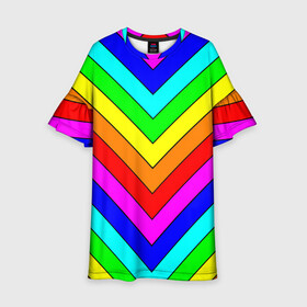 Детское платье 3D с принтом Rainbow Stripes в Санкт-Петербурге, 100% полиэстер | прямой силуэт, чуть расширенный к низу. Круглая горловина, на рукавах — воланы | geometry | gradient | neon | геометрические | градиент | детям | кислота | кислотный | конус | красочный | линии | неоновые | пирамида | полоска | полосы | радуга | радужный | разноцветные | сочный | треугольники
