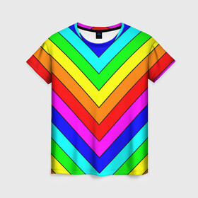 Женская футболка 3D с принтом Rainbow Stripes в Санкт-Петербурге, 100% полиэфир ( синтетическое хлопкоподобное полотно) | прямой крой, круглый вырез горловины, длина до линии бедер | geometry | gradient | neon | геометрические | градиент | детям | кислота | кислотный | конус | красочный | линии | неоновые | пирамида | полоска | полосы | радуга | радужный | разноцветные | сочный | треугольники
