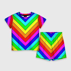 Детский костюм с шортами 3D с принтом Rainbow Stripes в Санкт-Петербурге,  |  | geometry | gradient | neon | геометрические | градиент | детям | кислота | кислотный | конус | красочный | линии | неоновые | пирамида | полоска | полосы | радуга | радужный | разноцветные | сочный | треугольники