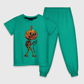 Детская пижама хлопок с принтом Halloween в Санкт-Петербурге, 100% хлопок |  брюки и футболка прямого кроя, без карманов, на брюках мягкая резинка на поясе и по низу штанин
 | Тематика изображения на принте: eyes | halloween | jaw | phrase | pumpkin | пасть | фраза | хэллоуин