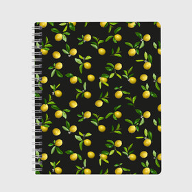 Тетрадь с принтом Лимончики на черном в Санкт-Петербурге, 100% бумага | 48 листов, плотность листов — 60 г/м2, плотность картонной обложки — 250 г/м2. Листы скреплены сбоку удобной пружинной спиралью. Уголки страниц и обложки скругленные. Цвет линий — светло-серый
 | Тематика изображения на принте: citrus | fruit | lemon | lemon flowers | lemons | print | лимон | лимончики | лимоны | принт | фрукты | цветы лимона | цитрусовые