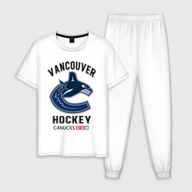 Мужская пижама хлопок с принтом VANCOUVER CANUCKS NHL в Санкт-Петербурге, 100% хлопок | брюки и футболка прямого кроя, без карманов, на брюках мягкая резинка на поясе и по низу штанин
 | Тематика изображения на принте: canada | canucks | hockey | nhl | sport | usa | vancouver | акула | ванкувер | канада | кэнакс | логотип | нхл | спорт | хоккей | челюсти