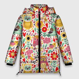 Женская зимняя куртка 3D с принтом Красочные совы и цветы в Санкт-Петербурге, верх — 100% полиэстер; подкладка — 100% полиэстер; утеплитель — 100% полиэстер | длина ниже бедра, силуэт Оверсайз. Есть воротник-стойка, отстегивающийся капюшон и ветрозащитная планка. 

Боковые карманы с листочкой на кнопках и внутренний карман на молнии | autumn | cute | flowers | spring | summer | весна | воробей | лепестки | лето | маки | милота | милые | облака | облачка | осень | поле | природа | птичка | птички | ромашки | сердечки | синица | синичка | сова | совушки