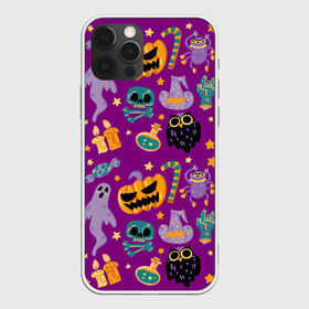 Чехол для iPhone 12 Pro Max с принтом Happy Halloween в Санкт-Петербурге, Силикон |  | Тематика изображения на принте: bones | candle | candy | fangs | flask | ghost | hand | hat | jaw | owl | pumpkin | skull | star | звезда | клыки | колба | конфета | кости | пасть | призрак | рука | свеча | сова | череп | шляпа