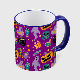 Кружка с принтом Happy Halloween в Санкт-Петербурге, керамика | ёмкость 330 мл | bones | candle | candy | fangs | flask | ghost | hand | hat | jaw | owl | pumpkin | skull | star | звезда | клыки | колба | конфета | кости | пасть | призрак | рука | свеча | сова | череп | шляпа