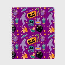 Тетрадь с принтом Happy Halloween в Санкт-Петербурге, 100% бумага | 48 листов, плотность листов — 60 г/м2, плотность картонной обложки — 250 г/м2. Листы скреплены сбоку удобной пружинной спиралью. Уголки страниц и обложки скругленные. Цвет линий — светло-серый
 | bones | candle | candy | fangs | flask | ghost | hand | hat | jaw | owl | pumpkin | skull | star | звезда | клыки | колба | конфета | кости | пасть | призрак | рука | свеча | сова | череп | шляпа