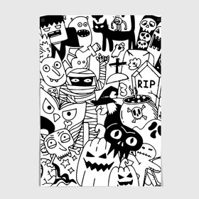 Постер с принтом Halloween в Санкт-Петербурге, 100% бумага
 | бумага, плотность 150 мг. Матовая, но за счет высокого коэффициента гладкости имеет небольшой блеск и дает на свету блики, но в отличии от глянцевой бумаги не покрыта лаком | fanfs | halloween | jaw | mummy | pumpkin | skull | tomb | клыки | могила | мумия | пасть | тыква | хэллоуин | череп