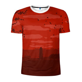 Мужская футболка 3D спортивная с принтом Сакура в Санкт-Петербурге, 100% полиэстер с улучшенными характеристиками | приталенный силуэт, круглая горловина, широкие плечи, сужается к линии бедра | арт | башня | китайская башня | сакура | туристическое