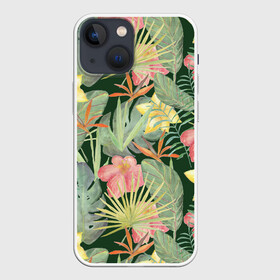 Чехол для iPhone 13 mini с принтом Тропические растения и цветы в Санкт-Петербурге,  |  | банан | желтый | зеленый | красный | листья | орхидея | пальма | плюмерия | стрелиция | тропики | цветы | экзотика